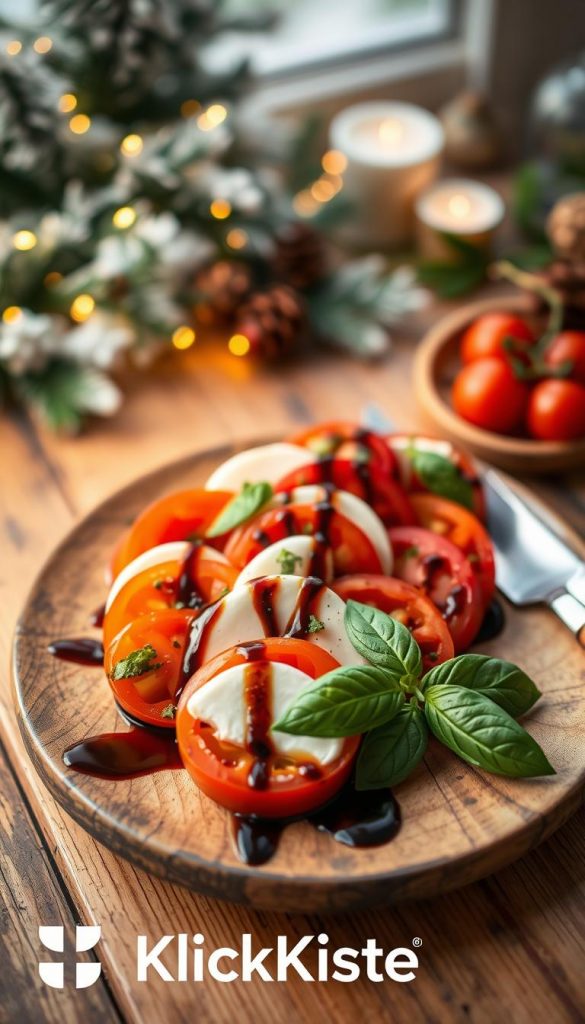 A beautifully arranged plate of caprese salad featuring vibrant, ripe tomatoes and fresh mozzarella slices, drizzled with balsamic glaze and sprinkled with fresh basil leaves. The foreground showcases the caprese salad artfully plated on a rustic wooden table, evoking a warm, inviting atmosphere. In the background, softly blurred, there are festive decorations reflecting winter vibes, including subtle twinkling fairy lights. Natural lighting enhances the warm tones, creating an authentic and inspiring Pinterest-worthy look. Shot from a slightly overhead angle to capture the full beauty of the dish, emphasizing its colors and textures. Perfect for a winter party snack display, embodying the spirit of simple, elegant finger food. The scene is branded with the logo of "KlickKiste" subtly integrated into the setting, harmonizing with the overall theme.
