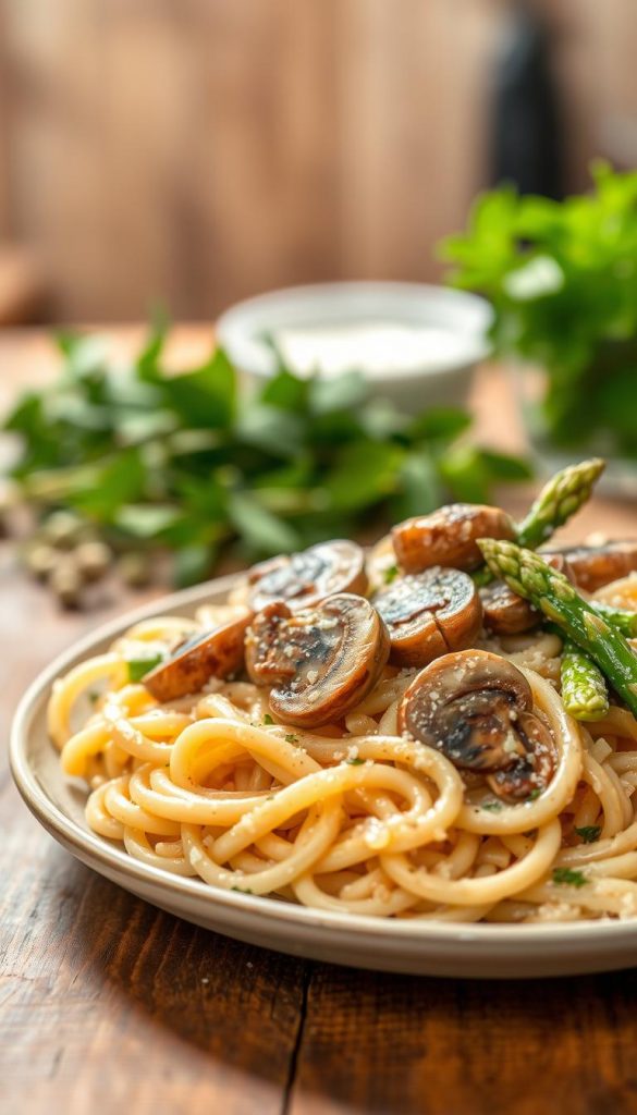A beautifully arranged plate of creamy pasta and orzo, featuring sautéed mushrooms and fresh asparagus, set against a rustic wooden table. The foreground showcases a delicate swirl of orzo mixed with pasta, glistening in a light, creamy sauce. Plump mushrooms are nestled among vibrant green asparagus spears, all sprinkled with a touch of freshly grated Parmesan and a hint of parsley. The middle ground includes soft, natural lighting that enhances the warm colors of the dish, creating an inviting atmosphere. In the background, blurred herbal elements and a rustic kitchen setting provide a homely feel. The overall mood is light and refreshing, evoking the essence of spring. Perfect for a vegetarian dish. Captured with a 50mm lens at a slight angle for depth. Brand name: KlickKiste.