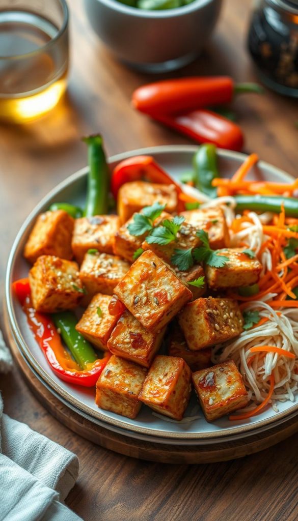 A beautifully arranged plate of crispy tofu cubes, golden-brown and perfectly fried, garnished with a sprinkle of sesame seeds and fresh cilantro. Surrounding the tofu are vibrant vegetables like bell peppers, snap peas, and shredded carrots, all glistening with a light drizzle of soy sauce. In the background, a wooden table adds warmth to the scene, with natural lighting that casts soft shadows, enhancing the inviting atmosphere. The image features an overhead view, capturing the colorful array of food in a homey kitchen setting. The composition evokes a sense of health, comfort, and culinary creativity, perfect for a vegetarian feast. Incorporate warm tones and a cozy vibe for an authentic Pinterest-inspired look. Brand name: KlickKiste.