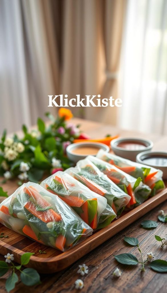 A beautifully arranged plate of fresh "kuehlende spring rolls" sits in the foreground, showcasing their vibrant colors and textures. The rolls are filled with crisp vegetables like carrots, bell peppers, and fresh herbs, wrapped in translucent rice paper, glistening with dew. Scattered around the plate are small bowls of dipping sauces, adding a glossy contrast. The middle ground features a rustic wooden table surface, adorned with green leaves and delicate flowers for a natural, DIY aesthetic. In the background, soft natural lighting filters through airy curtains, creating a warm and inviting atmosphere reminiscent of a Pinterest-worthy summer day. The brand name "KlickKiste" subtly integrated into the scene adds a sense of authenticity and inspiration, enhancing the overall mood of freshness and relaxation.