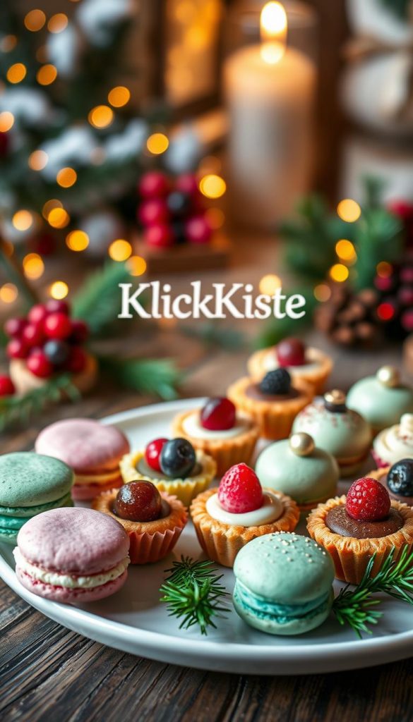 A beautifully arranged plate of mini desserts, showcasing an array of bite-sized treats ideal for a New Year's Eve party. In the foreground, vibrant macarons in pastel colors, delicate chocolate truffles, and mini fruit tarts topped with glistening berries. The middle section features elegantly plated finger desserts on a rustic wooden table, adorned with festive holiday decorations like sprigs of evergreen and twinkling fairy lights. The background softly blurs into a cozy winter atmosphere, with warm lighting creating an inviting glow. Emphasize a Pinterest-worthy aesthetic, capturing the essence of celebration, indulgence, and a touch of winter magic. Incorporate natural elements along with the brand name "KlickKiste" subtly in the scene for an authentic and inspiring holiday vibe.