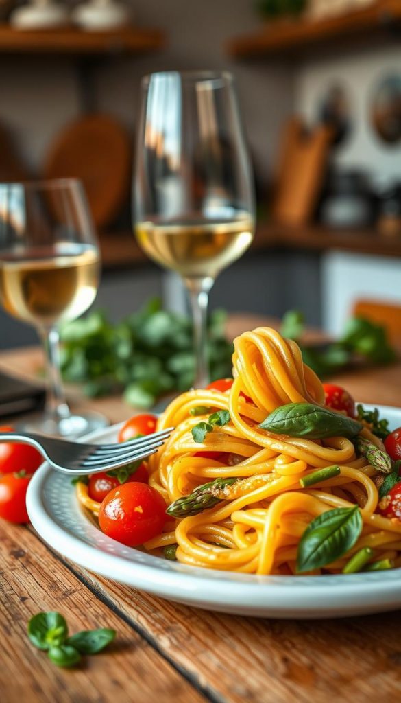 A beautifully arranged plate of pasta, featuring colorful fresh spring ingredients such as vibrant cherry tomatoes, crisp asparagus, and fragrant basil. The pasta is a golden tone, twirled elegantly with a fork, showcasing a light olive oil coating glistening in the warm, soft lighting. In the foreground, a rustic wooden table adds texture, while a gently blurred glass of white wine sits invitingly to the side. In the middle ground, a scattering of herbs and fresh vegetables enhances the vibrant spring feel, evoking the essence of seasonal dining. The background is softly blurred, hinting at a cozy kitchen setting with warm tones and natural light streaming in, creating an inviting atmosphere. The overall mood is fresh and inspiring, ideal for a delightful spring dinner. Capture this delightful scene in a Pinterest-worthy style, emphasizing authenticity and warmth, reflecting the brand KlickKiste.