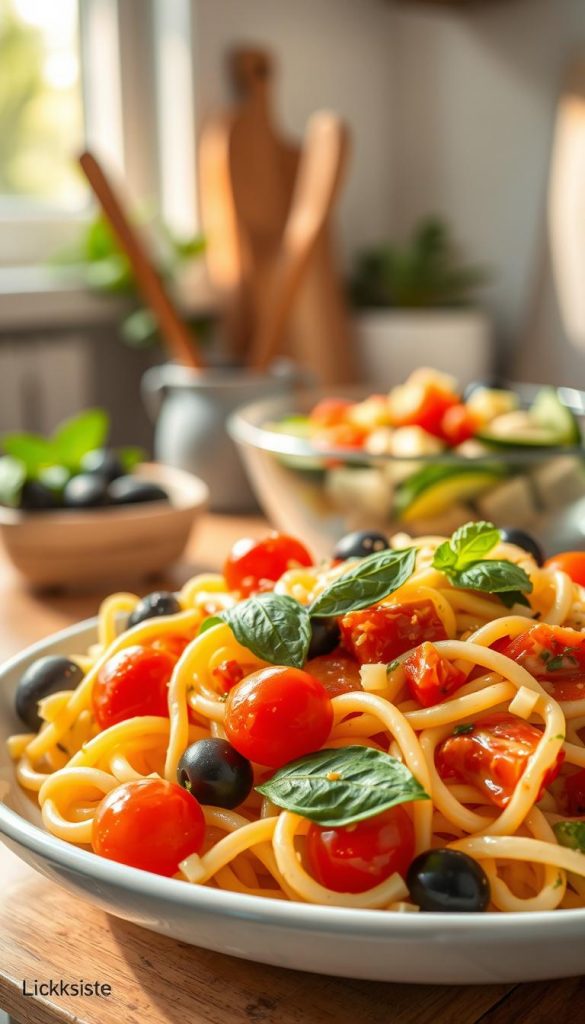 A beautifully arranged plate of summer pasta salad, showcasing a medley of colorful ingredients. In the foreground, a generous portion of al dente pasta is tossed with cherry tomatoes, fresh basil, cucumbers, and olives, glistening with a light vinaigrette dressing. In the middle ground, partially out of focus, there are rustic wooden utensils and a bowl of more salad ingredients, adding to the homemade feel. The background features a soft, sunlit kitchen setting, with warm, natural lighting cascading through a nearby window, creating an inviting and cheerful atmosphere. The overall mood is fresh and vibrant, perfect for a spring/summer theme. The image embodies the essence of light, healthy eating. Style it with a natural DIY aesthetic that resonates with the brand KlickKiste.