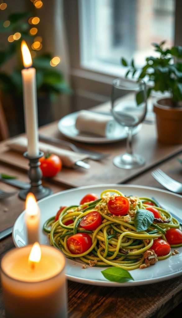 A beautifully arranged plate of veggie pasta, showcasing vibrant green zucchini noodles, cherry tomatoes, and colorful bell peppers, drizzled with a light olive oil dressing. Fresh basil leaves and a sprinkle of crushed nuts add texture, while a few herbs lay artfully around the plate. In the foreground, a soft, flickering candle casts a warm glow, reflecting the romantic atmosphere. The middle layer displays a rustic wooden table setting with elegant dinnerware, hinting at a cozy, intimate dining experience. In the background, softly blurred out are hints of twinkling fairy lights and a lush indoor plant, enhancing the warmth and charm of a homey candlelit dinner. Natural, soft lighting emulates a Pinterest-worthy, winter vibe, evoking a sense of comfort and authenticity. Brand aesthetic: KlickKiste.
