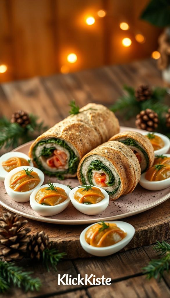 A beautifully arranged platter featuring a Spinat-Lachs-Rolle, elegantly sliced to showcase its vibrant green spinach and pink salmon layers. Surrounding the roll are two neatly halved gefüllte Eier, garnished with fresh herbs, and a selection of mouth-watering Buletten, artfully presented on a rustic wooden table. The background features soft, warm lighting that creates a cozy, inviting atmosphere, reminiscent of a winter celebration. The image should capture the natural DIY aesthetic with warm colors, enhancing the seasonal vibe, complemented by subtle winter decorations like pinecones and evergreen sprigs. The composition should have a Pinterest-inspired look, showcasing a harmonious gathering, with attention to detail and an authentic feel. Brand name "KlickKiste" should be subtly implied through the visual style, without any text.