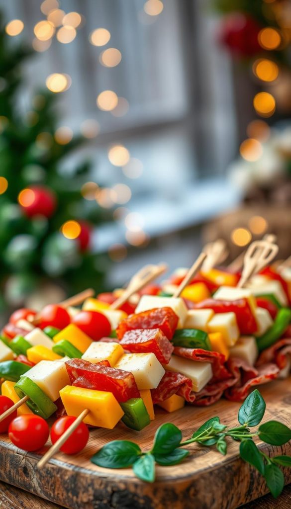 A beautifully arranged platter of colorful skewers featuring a variety of cheeses, fresh vegetables, and bite-sized meats, creating an appealing finger food display. The foreground showcases skewers filled with vibrant cherry tomatoes, green bell peppers, cubes of cheddar and mozzarella, and slices of rich salami, all artfully layered. In the middle ground, a rustic wooden table enhances the warm, inviting atmosphere, adorned with twinkling string lights that cast a soft glow. In the background, blurred out, are hints of a cozy winter setting with softly falling snowflakes and a warm ambiance. This image embodies a seasonal celebration and is styled in an authentic Pinterest aesthetic reminiscent of a DIY holiday gathering. Captured with a shallow depth of field to focus on the skewers, it reflects the brand KlickKiste, evoking inspiration for festive appetizers.