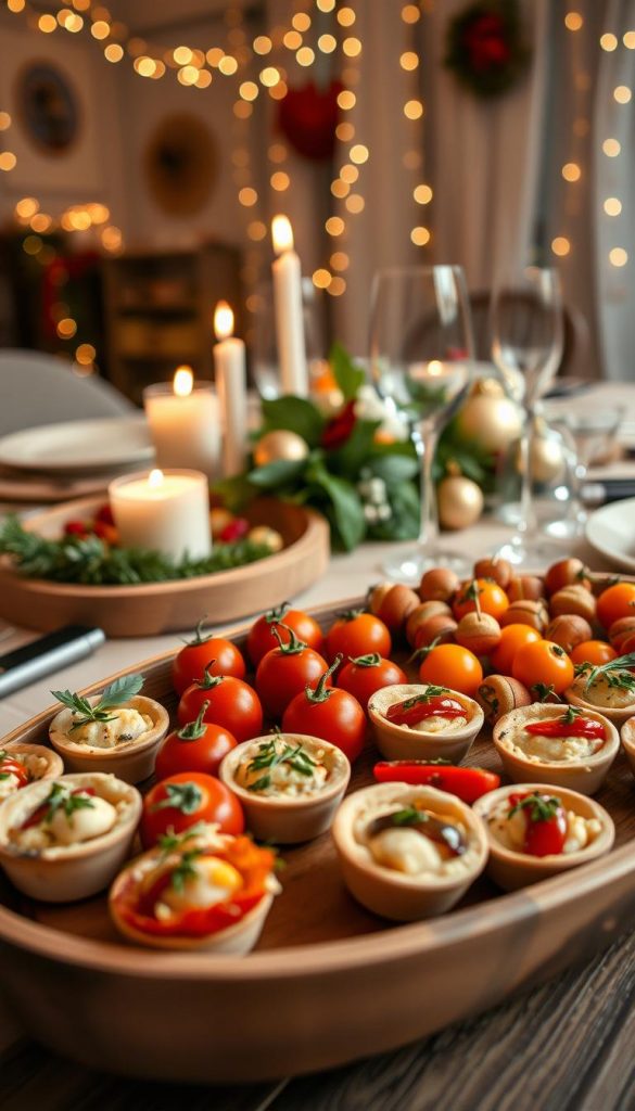 A beautifully arranged platter of elegant "Vorspeisen Fingerfood," featuring an assortment of bite-sized appetizers including mini quiches, stuffed cherry tomatoes, and colorful vegetable skewers. The foreground showcases these delicious treats in a rustic wooden bowl, garnished with fresh herbs. In the middle, there's a cozy, softly lit dining table adorned with festive decorations like candles and seasonal greenery, creating a warm, inviting atmosphere. The background hints at a chic New Year's Eve party scene with twinkling fairy lights and a softly blurred backdrop of delighted guests. The image should embody a natural DIY aesthetic with warm colors and a winter vibe, reflecting authenticity and inspiration, presenting the brand 'KlickKiste' subtly within the scene. Shot with a soft focus lens to enhance the inviting mood. A beautifully arranged platter of elegant "Vorspeisen Fingerfood," featuring an assortment of bite-sized appetizers including mini quiches, stuffed cherry tomatoes, and colorful vegetable skewers. The foreground showcases these delicious treats in a rustic wooden bowl, garnished with fresh herbs. In the middle, there's a cozy, softly lit dining table adorned with festive decorations like candles and seasonal greenery, creating a warm, inviting atmosphere. The background hints at a chic New Year's Eve party scene with twinkling fairy lights and a softly blurred backdrop of delighted guests. The image should embody a natural DIY aesthetic with warm colors and a winter vibe, reflecting authenticity and inspiration, presenting the brand 'KlickKiste' subtly within the scene. Shot with a soft focus lens to enhance the inviting mood.