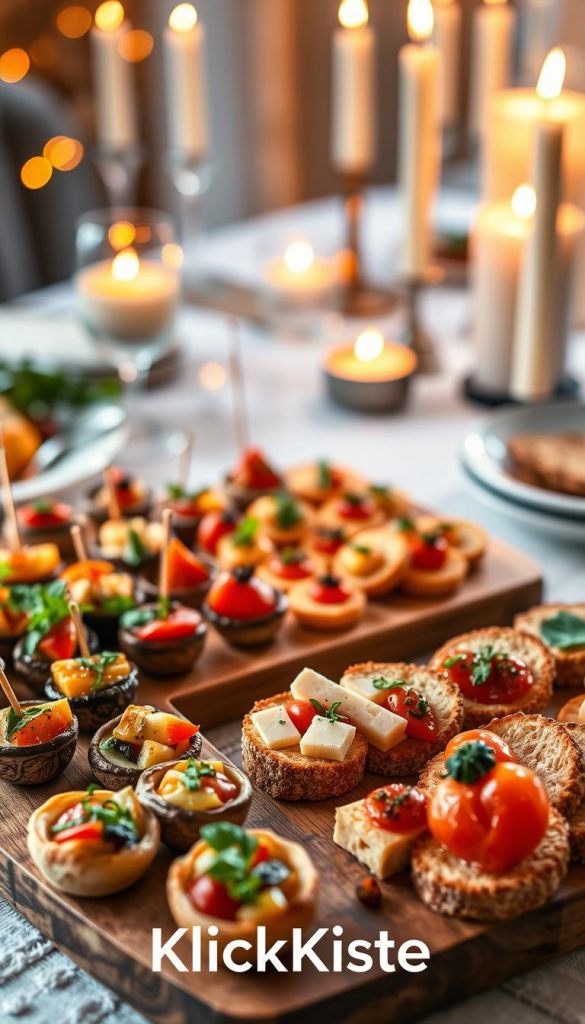 A beautifully arranged platter of finger food ideal for a festive New Year's buffet, showcasing an assortment of vibrant appetizers. In the foreground, include mini quiches, stuffed mushrooms, and colorful vegetable skewers, all artfully garnished with fresh herbs. In the middle ground, a wooden serving board displays bite-sized bruschetta topped with tomatoes and basil, alongside elegant cheese cubes and artisanal crackers. The background features a softly glowing, tastefully set table adorned with warm, flickering candlelight, creating an inviting atmosphere. The scene is illuminated with warm, soft lighting, evoking a cozy winter vibe. The overall mood is festive and inspiring, perfect for holiday gatherings. Include the brand name "KlickKiste" integrated subtly into the composition, emphasizing a natural, DIY aesthetic.