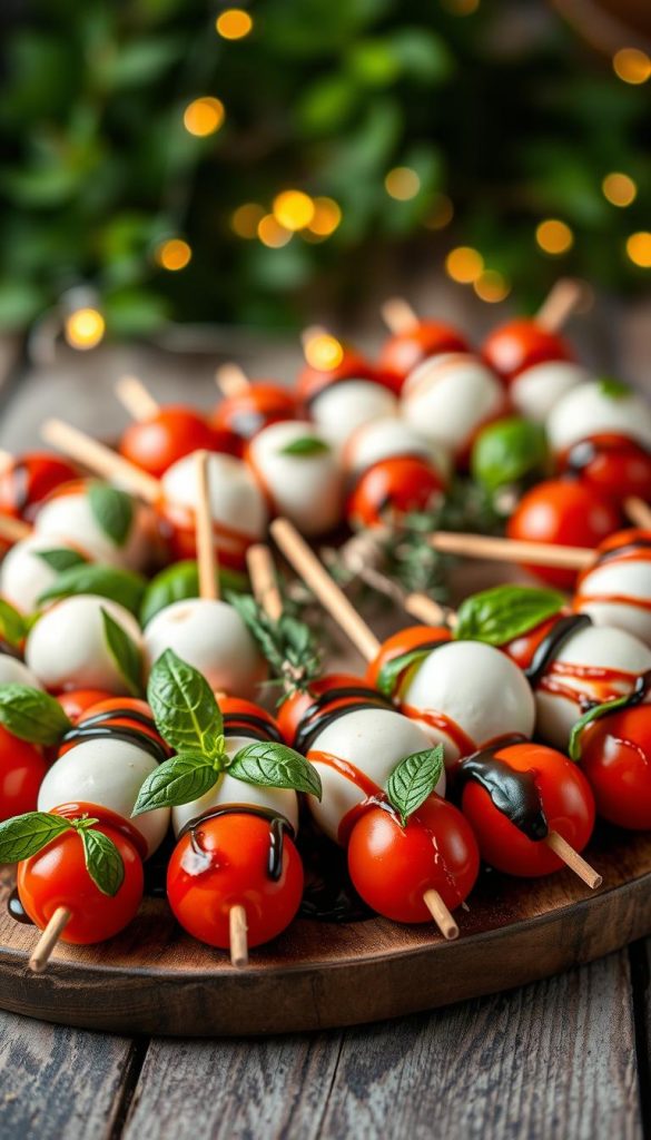 A beautifully arranged platter of mozzarella and tomato skewers, featuring fresh basil leaves, drizzled with balsamic glaze for added flavor. The foreground highlights the vibrant colors of the red tomatoes and creamy white mozzarella, artfully speared on wooden skewers. In the middle, a rustic wooden table complements the natural DIY aesthetic, adorned with tiny sprigs of fresh herbs and twinkling fairy lights for a cozy winter vibe. In the background, soft-focus greenery and warm, ambient lighting create an inviting atmosphere. Capture this scene from a slightly elevated angle, emphasizing the delightful textures and colors, evoking a warm, festive feel perfect for winter gatherings. This image embodies the brand “KlickKiste,” illustrating inspiring, elegant finger food that resonates with the theme of effortless entertaining.