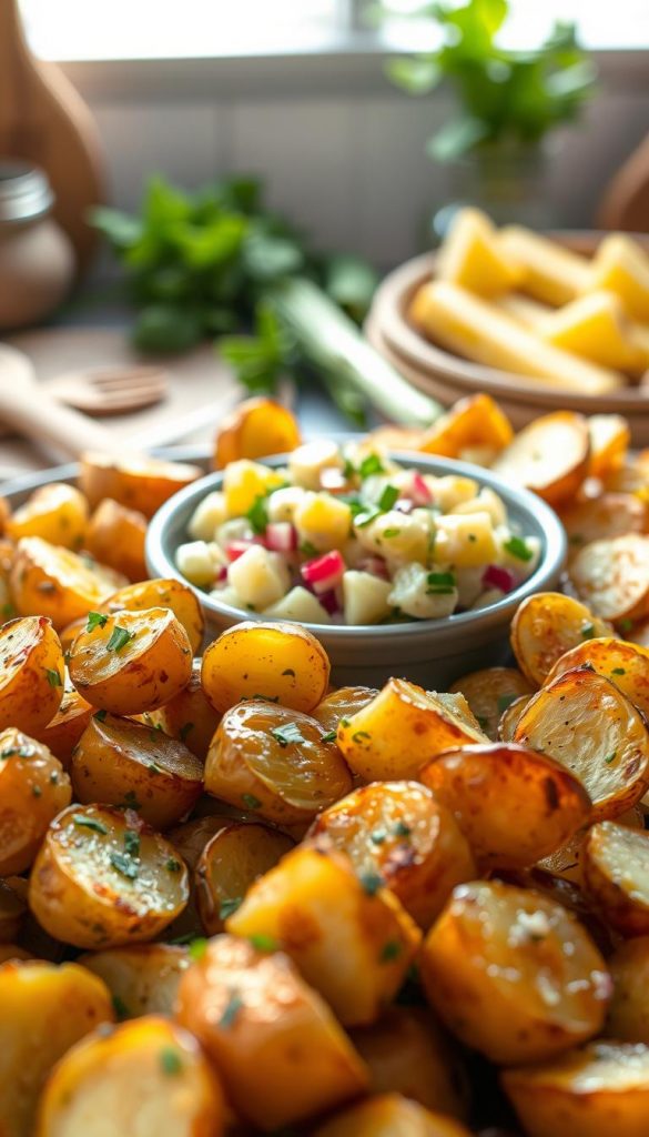 A beautifully arranged platter of side potatoes, showcasing a variety of preparations. In the foreground, golden, crispy roasted potatoes seasoned with fresh herbs, glistening with olive oil. In the middle, a bowl of creamy potato salad adorned with mustard seeds, red onions, and parsley. Scattered around, small baked potato wedges sprinkled with sea salt and fresh chives. The background features soft focus kitchen elements, like wooden utensils and fresh vegetables, bathed in warm, natural light that creates a cozy atmosphere. A subtle depth of field highlights the potatoes while inviting viewers to imagine a delightful dining experience. The overall composition embodies a casual yet elegant vibe, perfect for a spring gathering, inspired by the aesthetic of KlickKiste.