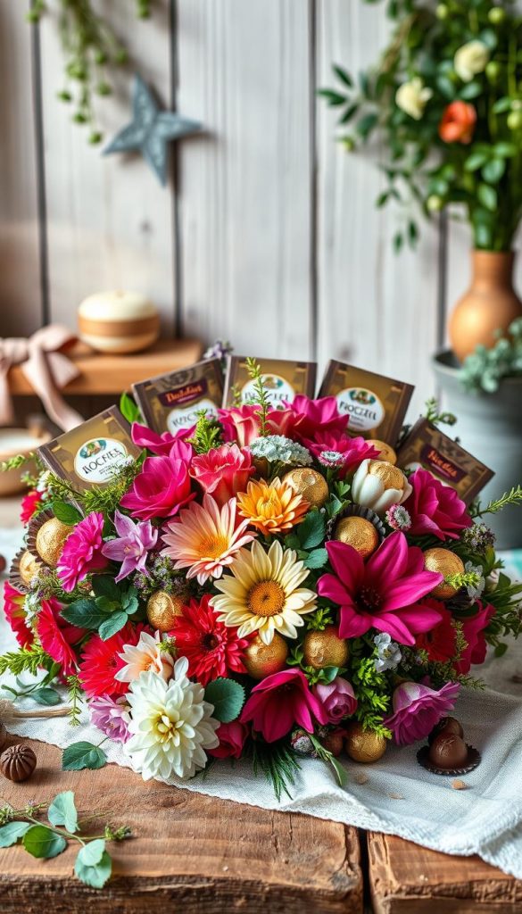 A beautifully arranged pralinen strauß featuring an assortment of gourmet chocolates, including Mon Chéri, Ferrero Rocher, and Merci, elegantly displayed in a rustic, nature-inspired setting. The foreground showcases a lush bouquet of vibrant flowers interspersed with the chocolates, creating a delightful contrast. In the middle, soft, natural lighting highlights the textures and colors, evoking warmth and a cozy atmosphere. The background should have a blurred effect of a quaint wooden table adorned with delicate greenery and decorative elements, reminiscent of a Pinterest-worthy DIY project. Ensure the overall composition conveys a sense of luxury and personal touch, inspired by KlickKiste, creating a sweet, inviting mood perfect for Mother’s Day gifts.