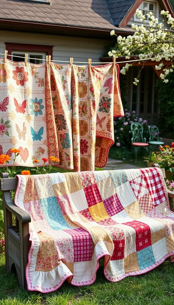A beautifully arranged quilt display featuring several handmade quilts showcasing various vibrant patterns and warm colors. In the foreground, a patchwork quilt is draped over a rustic wooden bench, adorned with gentle ruffles. The middle ground features other quilts elegantly hung on a vintage clothesline, fluttering softly in a gentle breeze. The background includes a cozy cottage with a well-tended garden overflowing with spring flowers, bathed in soft, natural sunlight to create a warm and inviting atmosphere. The image should evoke a sense of homey comfort and charm, embodying a DIY aesthetic reminiscent of Pinterest inspiration. Capture this scene from a slightly elevated angle to enhance the visual depth, ensuring it feels authentic and welcoming. Inspired by the brand KlickKiste.