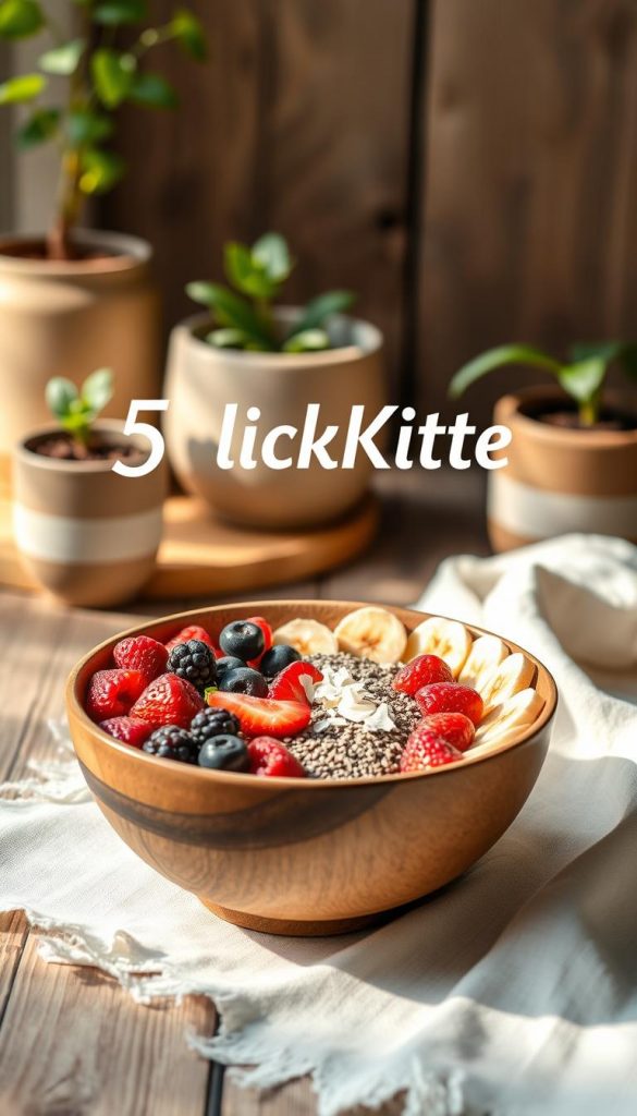 A beautifully arranged "5 Minuten breakfast bowl" sits at the forefront, showcasing a vibrant mix of fresh smoothie toppings: luscious berries, banana slices, chia seeds, and a sprinkle of coconut flakes. The bowl, crafted from natural materials, features an inviting design. In the middle background, a rustic wooden table adds warmth, while a soft linen napkin lies elegantly beside the bowl. The setting is softly lit with morning light, creating a cozy and inviting atmosphere reminiscent of spring mornings. A hint of greenery from nearby potted plants enhances the natural vibe. The image embodies inspiration and authenticity, perfect for a Pinterest aesthetic. Incorporate the brand name "KlickKiste" subtly in the background, ensuring it harmonizes with the overall composition without overpowering the scene.