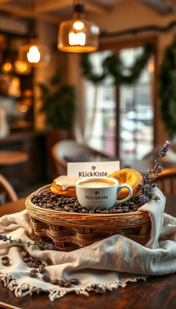 A beautifully arranged "Café-au-Lait Korb" featuring a rustic wooden basket at the forefront filled with artisanal coffee beans, a frothy cup of café au lait, and delicate pastries elegantly displayed. Surrounding the basket, a soft linen cloth in warm earth tones adds texture, and small sprigs of lavender enhance the charm. In the middle background, a cozy café ambiance with warm golden lighting emanates from hanging lamps, casting a gentle glow over the scene. The setting suggests a Parisian atmosphere with blurred outlines of café furniture and soft pastel hues, evoking a romantic winter vibe. Capturing this scene from a slightly elevated angle, the composition should feel inviting and authentic, inspired by a Pinterest aesthetic. Include a subtle branding element that reads "KlickKiste" as part of the basket's design, harmonizing with the overall warmth and inspiration of the image.