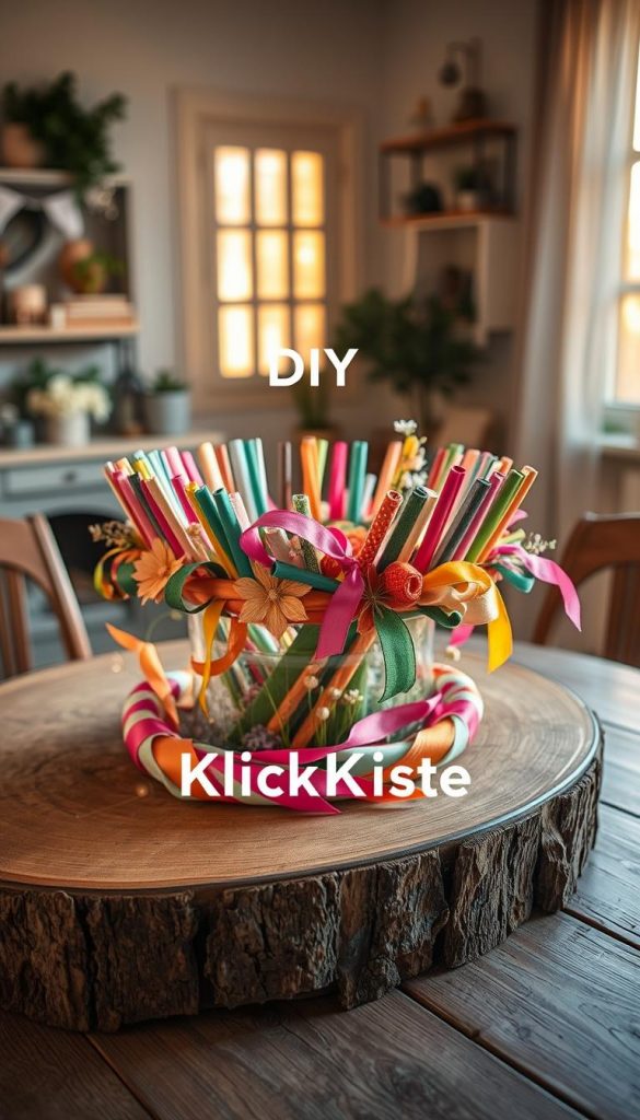 A beautifully arranged "Oster Türkranz" made from upcycled materials, prominently featuring colorful ice cream sticks, vibrant fabric scraps, and old ribbons, all artfully intertwined. The foreground showcases the kranz with intricate details, highlighting the textures of the materials used. In the middle ground, a rustic wooden table serves as the base, adorned with soft natural elements like fresh greenery and delicate flowers. The background presents a warmly lit home interior, enhancing the cozy winter vibes. The lighting is soft and inviting, mimicking golden hour sunlight that casts gentle shadows. The overall atmosphere is warm, creative, and inspiring, perfect for a DIY aesthetic. The brand name "KlickKiste" subtly integrated into the scene complements the design while maintaining focus on the kranz itself.