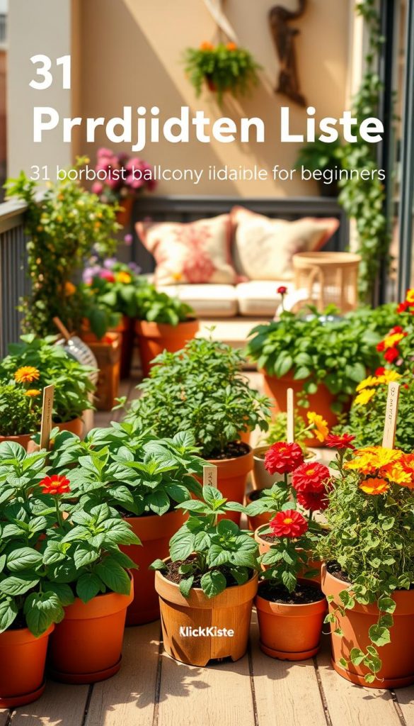A beautifully arranged "Pflanzen Liste" featuring 31 robust balcony plants ideal for beginners, including a variety of edible herbs, vibrant flowers, and low-maintenance greenery. In the foreground, display pots of lush basil, cheerful marigolds, and trailing ivy, showcasing their vibrant colors and textures. In the middle, create a natural DIY garden scene with wooden planters, gardening tools, and rustic labels identifying each plant. The background should depict a sunny balcony with warm, inviting tones, complete with a cozy seating area adorned with cushions. Soft, diffused lighting casts gentle shadows, enhancing the peaceful atmosphere. The overall mood is inspirational and authentic, perfect for a Pinterest aesthetic. The brand name "KlickKiste" subtly appears in the composition without text overlays, blending seamlessly with the serene garden tableau.