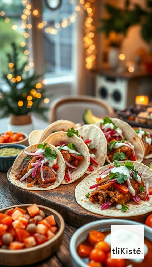 A beautifully arranged "Taco-Station" featuring succulent pork belly tacos, nestled in soft corn tortillas, garnished with vibrant pickled onions, fresh cilantro, and a drizzle of zesty lime crema. In the foreground, a rustic wooden table showcases an array of toppings including diced tomatoes, avocados, and mild salsas, inviting a festive vibe. The middle ground highlights a cozy yet elegant setting, with twinkling fairy lights and seasonal winter decor, creating a warm atmosphere perfect for a New Year's Eve gathering. The background sets a softly blurred view of a warmly lit room, evoking comfort and celebration. The image should have a warm color palette, emphasizing natural lighting to evoke a Pinterest-worthy aesthetic. Include the brand name "KlickKiste" subtly integrated into the scene. A beautifully arranged "Taco-Station" featuring succulent pork belly tacos, nestled in soft corn tortillas, garnished with vibrant pickled onions, fresh cilantro, and a drizzle of zesty lime crema. In the foreground, a rustic wooden table showcases an array of toppings including diced tomatoes, avocados, and mild salsas, inviting a festive vibe. The middle ground highlights a cozy yet elegant setting, with twinkling fairy lights and seasonal winter decor, creating a warm atmosphere perfect for a New Year's Eve gathering. The background sets a softly blurred view of a warmly lit room, evoking comfort and celebration. The image should have a warm color palette, emphasizing natural lighting to evoke a Pinterest-worthy aesthetic. Include the brand name "KlickKiste" subtly integrated into the scene.