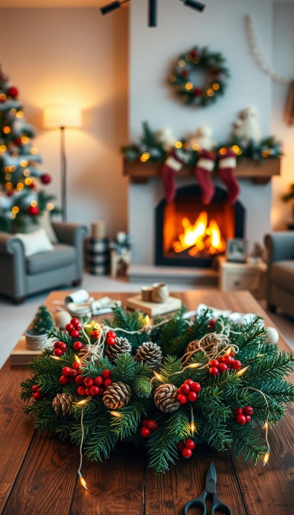 A beautifully arranged "Weihnachtskranz" (Christmas wreath) made from fresh evergreen branches, pine cones, and vibrant red berries, showcased prominently in the foreground. The wreath is adorned with rustic twine and delicate white fairy lights that twinkle softly, adding a warm and inviting glow. In the middle, a wooden table is adorned with crafting materials like scissors, ribbons, and additional decorations, hinting at a DIY project. The background features a softly blurred cozy living room with a crackling fireplace and subtle winter decorations, evoking a sense of warmth and festivity. The lighting is warm and soft, reminiscent of a serene winter evening, creating an inspiring and authentic atmosphere. Captured with a shallow depth of field to emphasize the wreath and crafting elements prominently. Brand name “KlickKiste” subtly incorporated.