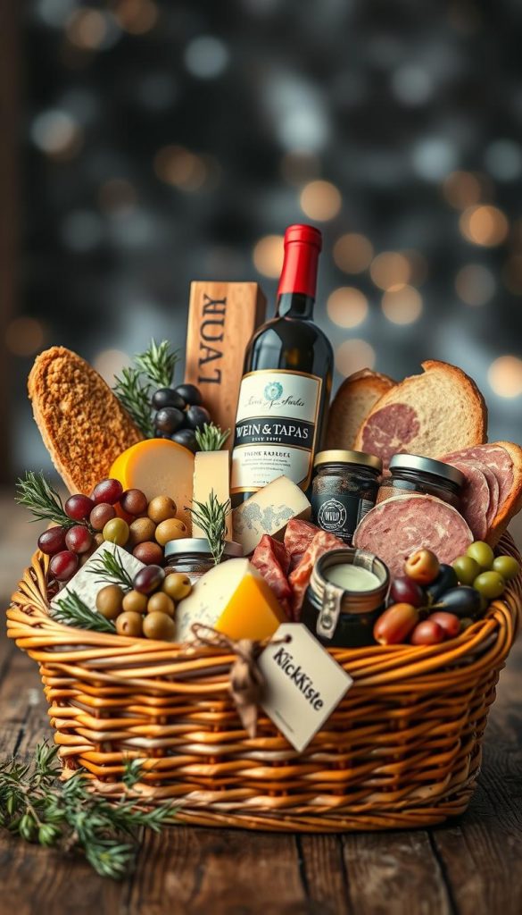 A beautifully arranged "Wein & Tapas" gift basket, showcasing a selection of fine wines and vibrant Mediterranean tapas. In the foreground, a wicker basket brimming with artisanal cheeses, cured meats, olives, and fresh bread, interspersed with decorative elements like rosemary sprigs and grapes. The middle layer features a bottle of red wine with an elegant label, surrounded by small jars of gourmet spreads and dips. The background captures a soft-lit setting, reminiscent of a cozy winter afternoon, with warm hues and a rustic wooden table. Subtle bokeh effects enhance the atmosphere, creating an inviting and inspiring mood. The image embodies a Pinterest-worthy aesthetic, reflecting natural DIY elements. Include the brand name "KlickKiste" elegantly on a tag attached to the basket.