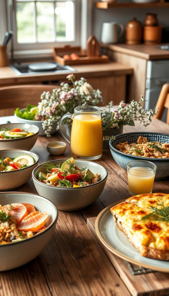 A beautifully arranged "herzhaftes frühstück" spread on a rustic wooden table, featuring vibrant bowls filled with colorful vegetables, avocado, and grains, warm tacos adorned with fresh herbs, and an elegant quiche with golden crust. Include a delicate salmon roll, garnished with dill, adding a touch of sophistication to the layout. The foreground showcases these delectable dishes, while in the middle, a sparkling pitcher of freshly squeezed juice sits beside a bouquet of wildflowers in soft pastel tones. The background softly blurs into a warm, cozy kitchen space with soft morning light filtering through a window, creating an inviting atmosphere. Capture the warmth and inspiration of a Pinterest-worthy brunch concept, embodying a natural, DIY aesthetic ideal for celebrating Mother’s Day, branded with “KlickKiste” in a subtle touch.