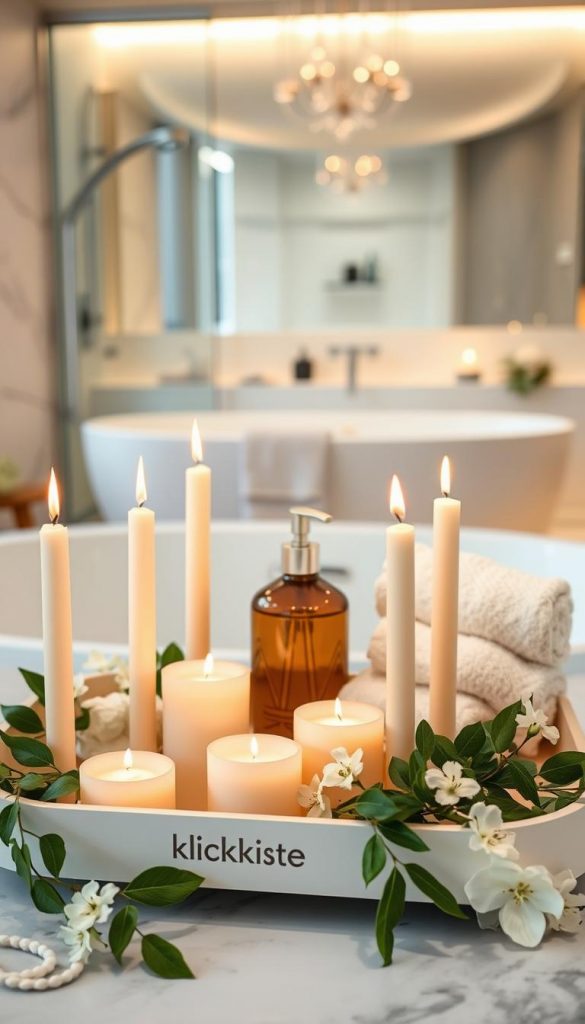 A beautifully arranged "kerzentablett" in a luxurious bathroom setting, exuding a serene and cozy ambiance. The foreground features an elegant tray from the brand "KlickKiste" adorned with several lit candles of varying heights, all in soft pastel colors. Surrounding the candles are fresh green leaves and delicate white flowers for a touch of nature. In the middle, a stylish soap dispenser and plush towels in neutral tones are artfully placed to enhance the spa-like atmosphere. The background reveals a softly blurred image of a modern bathtub and stylish bathroom fixtures, illuminated by warm, inviting lighting. The scene captures a tranquil winter vibe, evoking feelings of wellness and relaxation, perfect for a five-star hotel feel.