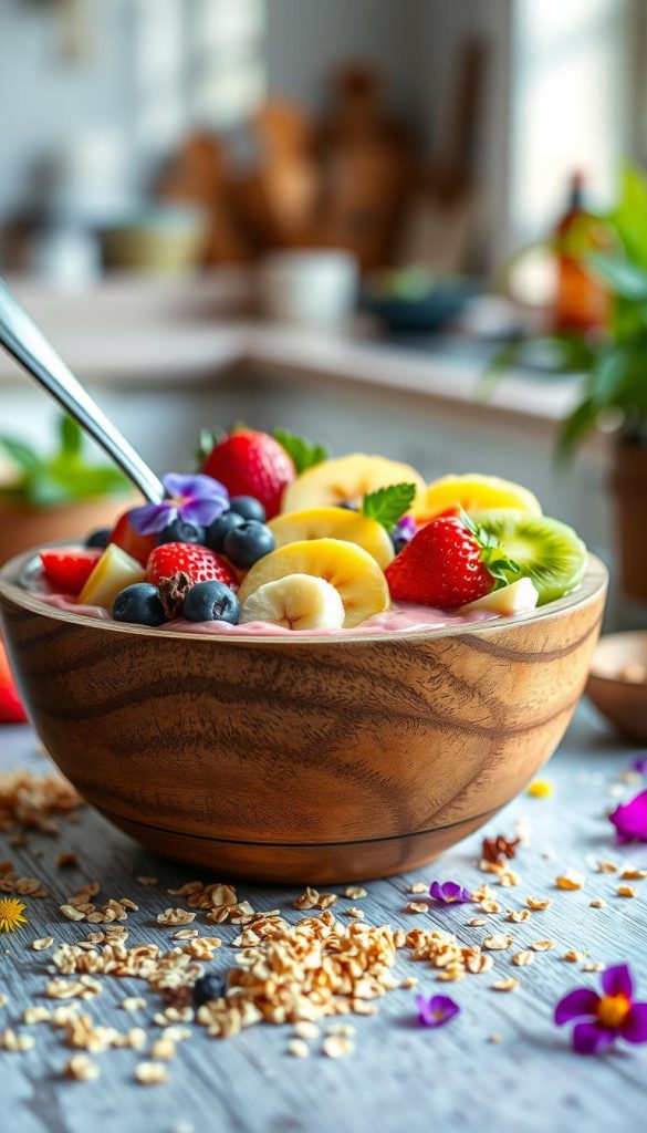 A beautifully arranged "kinderleichte smoothie bowl" overflowing with vibrant, seasonal fruits like strawberries, bananas, and kiwi, nestled in a deep, rustic wooden bowl. The foreground features a spoon partially buried in the smoothie bowl, emphasizing the inviting nature of the dish. In the middle ground, scattered ingredients, such as granola flakes and edible flowers, add texture and color, creating an engaging DIY atmosphere. The background subtly includes blurred hints of a cozy kitchen setting, with soft, natural lighting streaming from a window, casting a warm glow. The mood is light and cheerful, ideal for a family-friendly cooking experience. Capture the essence of creative, family-friendly meals that evoke warmth and inspiration, styled in a Pinterest aesthetic. Incorporate the brand name "KlickKiste" subtly in the texture of the bowl.