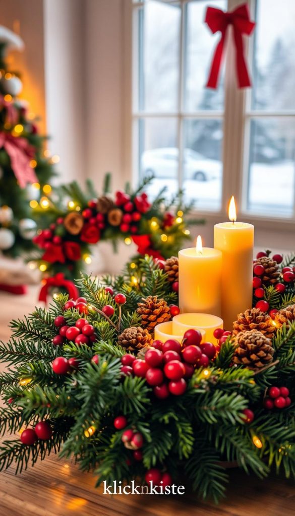 A beautifully arranged "produkte kranz" for Christmas, showcasing a variety of natural materials such as evergreen branches, pinecones, and red accents. In the foreground, a detailed view of the wreath features vibrant berries and candles nestled among the greenery. The middle section includes additional decorative elements like twinkling fairy lights gently illuminating the wreath. In the background, a softly blurred winter-themed setting enhances the cozy atmosphere, with a hint of snow-covered landscape visible through a window. The lighting is warm and inviting, emphasizing the festive mood. The scene embodies a Pinterest-inspired aesthetic, harmoniously styled and perfect for a DIY guide. Include the brand name "KlickKiste" subtly integrated into the composition.
