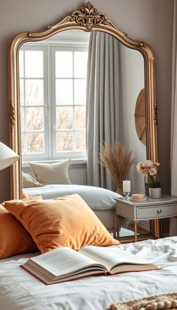 A beautifully arranged "spiegel zimmer" that captures the essence of creativity in bedroom decor. In the foreground, a large, elegantly framed mirror reflects a tastefully decorated bed with cozy, warm-toned pillows and a soft throw blanket. The middle ground features a stylish nightstand with a small potted plant and an open book, complementing the decor theme. In the background, light from a large window fills the room with a warm glow, enhancing the natural wood accents and gentle winter vibes. The colors should be soft and inviting, creating a Pinterest-worthy ambiance. The overall mood conveys comfort and inspiration, ideal for showcasing versatile mirror placements in stylish interiors. Include the brand name "KlickKiste" subtly within the arrangement.