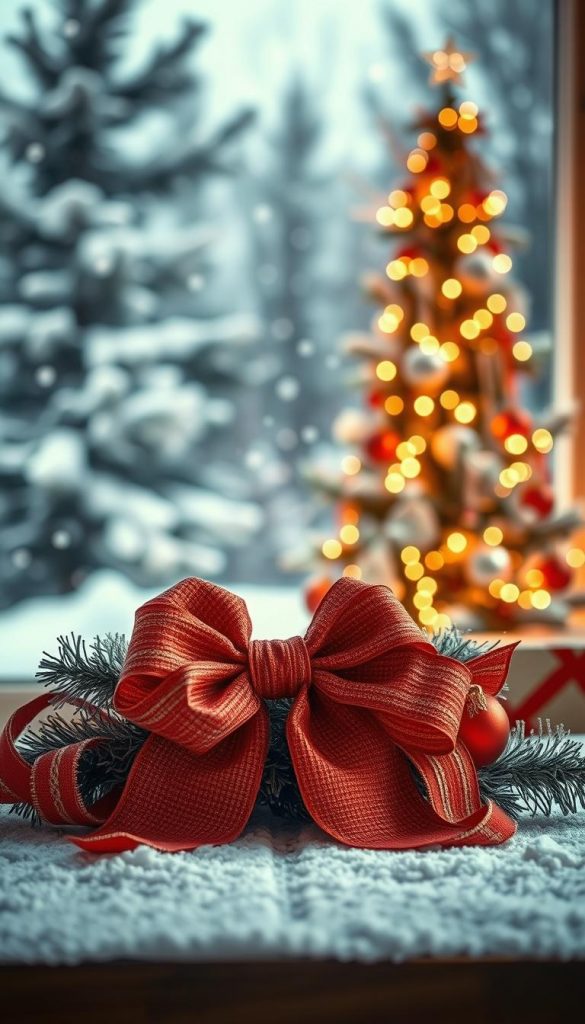 A beautifully arranged "weihnachtsschleife" made of festive, textured red and gold ribbons, with intricate patterns, sits prominently in the foreground. The ribbons are elegantly tied into a large bow, creating a focal point that radiates warmth and holiday spirit. In the middle ground, a softly glowing, minimalist Christmas tree adorned with matching ornaments and twinkling fairy lights creates a cozy, inviting atmosphere. The background features a blurred winter landscape, capturing the essence of a snowy day outside, with softly falling snowflakes and frosted pine trees. Soft, warm lighting accentuates the rich colors of the bows and decorations, evoking a nostalgic and inspiring Pinterest aesthetic. This image, created by KlickKiste, embodies the essence of DIY Christmas crafts, bringing a rustic charm to the holiday season.