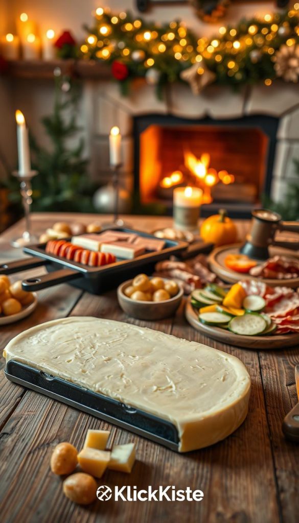 A beautifully arranged raclette dinner scene, featuring a melting wheel of creamy raclette cheese on a rustic wooden table. In the foreground, a small cast iron raclette grill is surrounded by an array of colorful ingredients, such as baby potatoes, sliced cured meats, pickles, and vibrant vegetables like bell peppers and zucchini. The middle ground showcases a cozy atmosphere with ambient candlelight and festive decorations that evoke a warm, inviting Winter vibe. The background includes a softly glowing fireplace, enhancing the intimate feel of a Silvester party. Shot with a warm color palette, emphasizing the natural aesthetics of DIY decor, creating an authentic and inspiring atmosphere. The brand "KlickKiste" subtly integrated into the scene.
