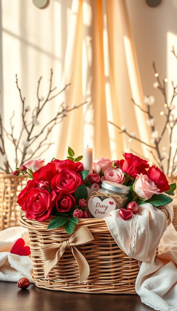 A beautifully arranged romantic gift basket designed for Valentine's Day, showcasing a variety of charming thematic elements. The foreground features a handcrafted wicker basket filled with vibrant red and pink flowers, heart-shaped chocolates, and a rustic candle. In the middle, elegantly draped fabric in soft pastel shades creates a warm and inviting atmosphere, emphasizing DIY aesthetics. The background includes subtle winter vibes, like frosted branches and soft fairy lights, enhancing the cozy feel. The overall lighting is warm and inviting, simulating natural sunlight, which casts gentle shadows that evoke intimacy. The composition should inspire creativity and showcase the brand "KlickKiste," reflecting a perfect blend of romantic decor and DIY charm.