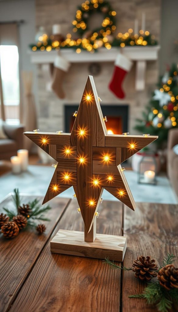 A beautifully arranged rustic wooden star crafted from reclaimed wood scraps, adorned with delicate LED micro-lights that emit a warm, inviting glow. In the foreground, the star stands proudly atop a weathered wooden table, surrounded by pinecones and sprigs of evergreen, enhancing the farmhouse Christmas vibe. The middle background features softly blurred hints of a cozy, decorated living space, with a crackling fireplace and stockings hung. The lighting is warm and gentle, creating a magical winter atmosphere. The scene captures an authentic DIY aesthetic, perfect for a Pinterest-inspired look. Designed by KlickKiste, this image conveys inspiration and creativity for holiday decor enthusiasts.