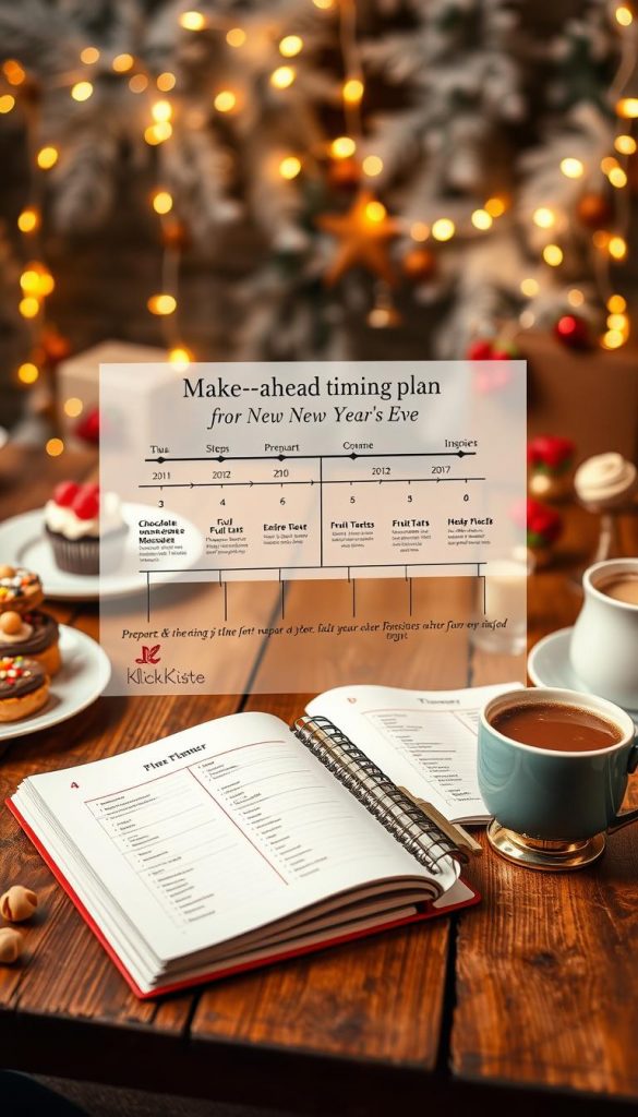 A beautifully arranged scene depicting a "Make-ahead timing plan" for New Year's Eve desserts. In the foreground, a stylish planner open on a rustic wooden table, surrounded by delectable pastries and a cozy cup of hot cocoa, featuring warm, inviting colors. In the middle, a visual timeline graph illustrating preparation steps for various desserts like chocolate mousse, fruit tarts, and cookies, presented with elegant arrows and notes. The background showcases soft, glowing fairy lights draped across a winter-themed backdrop with festive decorations, enhancing the warm and inspiring atmosphere. The entire composition radiates a sense of organization and holiday cheer, perfect for a Pinterest-worthy look. The brand "KlickKiste" is subtly integrated into the scene, enhancing the aesthetic without overwhelming it.