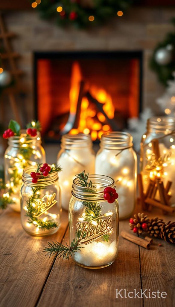 A beautifully arranged scene featuring a collection of mason jars creatively decorated for Christmas. In the foreground, several mason jars filled with twinkling fairy lights, evergreen branches, and red berries sit on a rustic wooden table. The middle ground showcases additional jars, some with white snow-like faux fluff, others with cinnamon sticks and pine cones, creating a cozy winter atmosphere. In the background, a softly glowing fireplace adds warmth to the setting, with faint silhouettes of festive decorations. The lighting is warm and inviting, reminiscent of a Pinterest-style DIY project, casting soft shadows and enhancing the natural textures. The overall mood is cozy and inspiring, evoking the spirit of a handmade Christmas. Brand name "KlickKiste" subtly integrated into the scene.