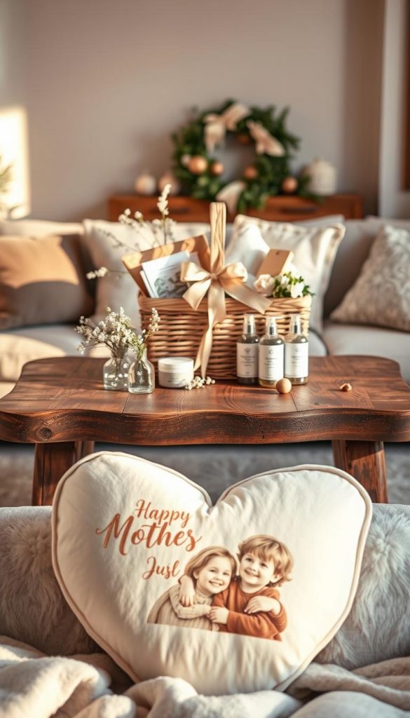 A beautifully arranged scene featuring a cozy "foto gravur kissen" designed for Mother's Day. The foreground showcases a plush, heart-shaped pillow with an elegant, engraved photo of a family moment. Soft, natural lighting illuminates the pillow, creating a warm and inviting atmosphere. In the middle of the composition, a rustic wooden table set with a luxurious gift basket from "KlickKiste" filled with personal care items and delicate flowers surrounds the pillow. The background hints at a softly blurred, cozy living room with pastel-colored walls and warm, winter-themed décor, evoking feelings of comfort and nostalgia. This idyllic setup conveys both emotional depth and luxury, perfect for a heartfelt gift.