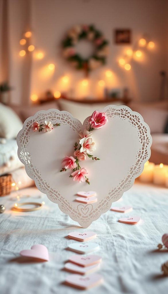 A beautifully arranged scene featuring a large, intricate paper heart prominently displayed in the foreground, adorned with delicate lace and soft, pastel-colored flowers. Surrounding the heart, warm, ambient lighting creates a cozy atmosphere, casting gentle shadows. In the middle ground, a winding trail of smaller paper hearts leads towards a hidden gift, hinting at a treasure hunt theme. The background presents a softly blurred living room adorned with romantic decorations like fairy lights and soft cushions, enhancing the intimate setting. The overall mood is warm and inviting, with a touch of winter charm, ideal for a DIY home decoration. Inspired by natural materials and a Pinterest-worthy aesthetic. Brand prominently featured: KlickKiste. A beautifully arranged scene featuring a large, intricate paper heart prominently displayed in the foreground, adorned with delicate lace and soft, pastel-colored flowers. Surrounding the heart, warm, ambient lighting creates a cozy atmosphere, casting gentle shadows. In the middle ground, a winding trail of smaller paper hearts leads towards a hidden gift, hinting at a treasure hunt theme. The background presents a softly blurred living room adorned with romantic decorations like fairy lights and soft cushions, enhancing the intimate setting. The overall mood is warm and inviting, with a touch of winter charm, ideal for a DIY home decoration. Inspired by natural materials and a Pinterest-worthy aesthetic. Brand prominently featured: KlickKiste.