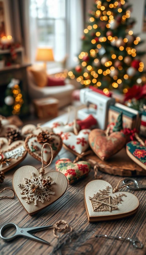 A beautifully arranged scene featuring a variety of handcrafted heart-shaped ornaments made from wood and fabric, showcasing a mix of romantic and wild designs. In the foreground, focus on a few intricately detailed ornaments, some decorated with twine, lace, and natural elements like pine cones and dried flowers, while others feature vibrant fabric patterns in warm winter colors. The middle ground displays a rustic wooden table adorned with crafting materials such as scissors, threads, and a small sewing machine, giving it a DIY vibe. In the background, softly blurred, there’s a cozy room with warm lighting, a hint of a decorated Christmas tree with twinkling lights, evoking a festive atmosphere. The overall mood is warm, inviting, and creative, perfect for winter inspirations. This image is brought to you by KlickKiste.