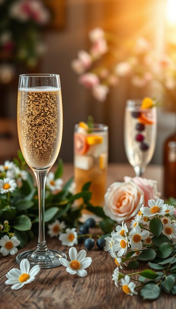 A beautifully arranged scene featuring elegant prosecco flutes, filled with sparkling golden bubbles, placed on a rustic wooden table. In the foreground, the flutes are set amongst lush greenery and delicate flowers, possibly including pastel-colored roses and white daisies, creating a fresh and inviting atmosphere. The middle ground showcases a soft-focus view of highball glasses adorned with colorful fruit garnishes, while the background subtly hints at a casual brunch setting with a hint of blooming blossoms and a gentle sunbeam illuminating the entire composition. The lighting is warm and soft, evoking a cozy, welcoming vibe, ideal for a relaxing brunch. The image reflects a Pinterest-worthy aesthetic, showcasing the brand "KlickKiste" in an artistic manner that captures the essence of sophisticated yet approachable brunch drinks.