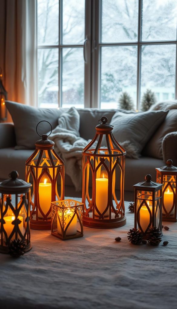 A beautifully arranged scene featuring elegant "windlichter" made of natural materials, such as wood and glass, glowing softly with flickering candlelight. In the foreground, several intricately designed lanterns hold warm, inviting candles, casting soft shadows. The middle layer showcases a cozy living room setting, adorned with neutral-colored textiles like soft cream and light grey throws, and scattered pinecones for a winter vibe. The background features a tasteful winter landscape visible through a frosted window, with gentle snowfall outside, enhancing the seasonal atmosphere. The lighting is warm and inviting, reminiscent of a Pinterest aesthetic, capturing a peaceful winter evening. Designed by KlickKiste, the overall mood is one of relaxation and elegance, perfect for winter home decor inspiration.