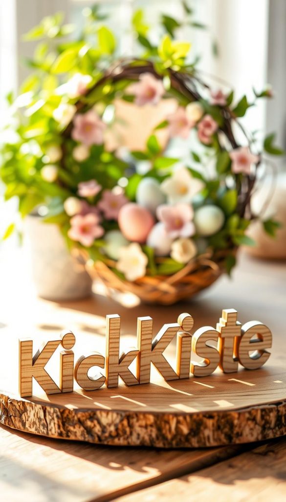 A beautifully arranged scene featuring laser-cut wooden letters spelling out “KlickKiste” on a rustic wooden table. In the foreground, focus on the intricate designs of the letters with a warm, inviting light highlighting their natural wood grain. The middle ground showcases a vibrant Easter wreath adorned with pastel-colored decorations, such as flowers and eggs, creating a festive atmosphere. In the background, softly blurred green foliage adds depth and a natural feel to the image. The lighting evokes a cozy, inviting ambiance reminiscent of a sunlit spring day, with an emphasis on warm tones and soft shadows. This authentic and inspiring aesthetic resonates with modern DIY projects, making it perfect for a Pinterest-inspired look.