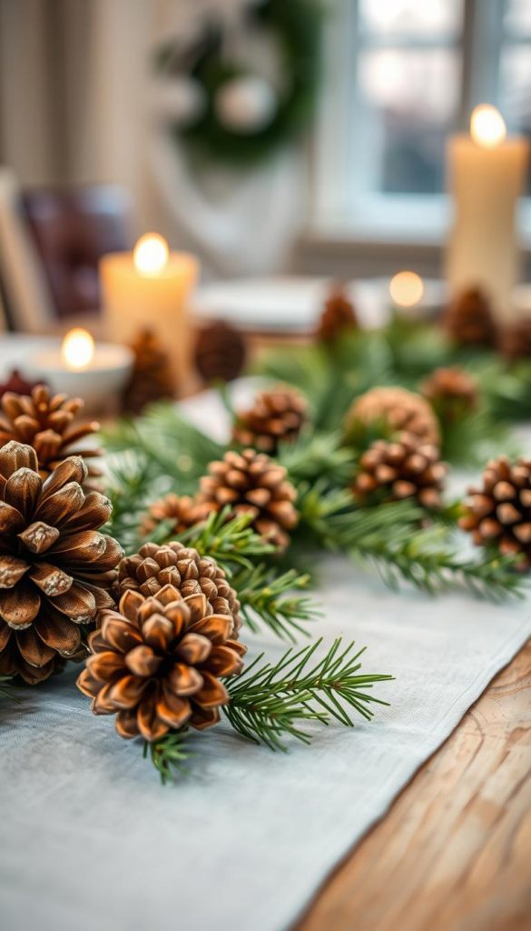 A beautifully arranged scene featuring "tannenzapfen" (pine cones) laid out as part of a festive table decoration. In the foreground, a cluster of pine cones in various sizes, showcasing their intricate textures and natural hues of brown and gold. In the middle ground, a charming runner made of fresh green pine branches, with scattered pine needles adding a touch of rustic elegance. The background softly blurs, hinting at a cozy winter setting with warm candlelight flickering, creating a magical glow. The overall atmosphere is warm and inviting, perfect for a holiday table. Captured with soft, natural lighting that enhances the warmth and authenticity of the arrangement. Styled in an inspiring Pinterest-worthy aesthetic, reflecting the brand "KlickKiste".