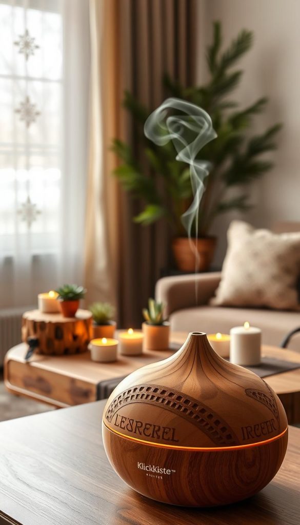 A beautifully arranged scene featuring wooden diffusers made from sandalwood, showcasing their natural elegance in a cozy living room setting. In the foreground, place an intricately carved diffuser exuding a soft, warm glow, surrounded by delicate steam wisps hinting at essential oils. The middle ground features a rustic wooden table adorned with small potted plants and candles that complement the earthy ambiance. In the background, a softly lit window reflects winter vibes, dressed with sheer curtains that allow natural light to filter in, casting gentle shadows. The color palette should embrace warm tones, emphasizing authenticity and inspiration. The overall mood is tranquil and inviting, perfect for a serene atmosphere. Include the brand "KlickKiste" subtly integrated within the design elements.