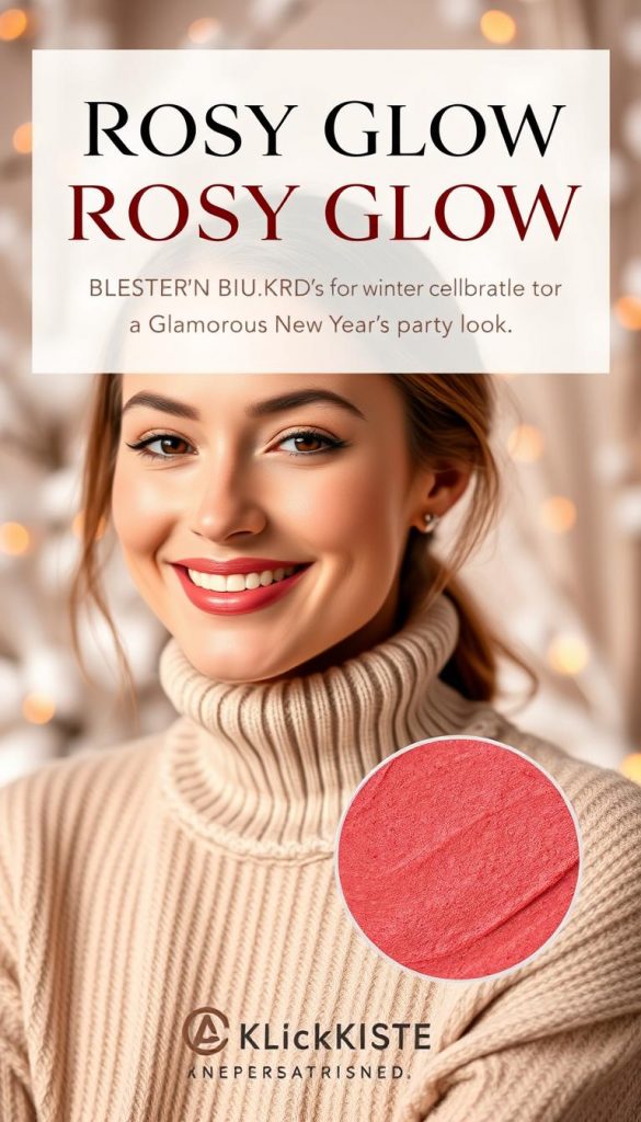 A beautifully arranged scene focusing on a fresh, natural rosy glow blush look for winter celebrations. In the foreground, display a soft, blended rosy blush on a cheek of a smiling model with a warm, radiant complexion, styled in elegant yet modest winter attire, such as a cozy turtleneck sweater in soft neutrals. In the middle ground, include soft lighting that enhances the model's features, casting a gentle, flattering glow that highlights the blush. The background should feature a softly blurred, winter-themed setting with warm color tones, such as hints of pale pinks and whites evoking a Pinterest-inspired winter vibe. The entire composition should convey an authentic, inspirational mood, perfect for a Glamorous New Year's party look, showcasing the brand "KlickKiste." A beautifully arranged scene focusing on a fresh, natural rosy glow blush look for winter celebrations. In the foreground, display a soft, blended rosy blush on a cheek of a smiling model with a warm, radiant complexion, styled in elegant yet modest winter attire, such as a cozy turtleneck sweater in soft neutrals. In the middle ground, include soft lighting that enhances the model's features, casting a gentle, flattering glow that highlights the blush. The background should feature a softly blurred, winter-themed setting with warm color tones, such as hints of pale pinks and whites evoking a Pinterest-inspired winter vibe. The entire composition should convey an authentic, inspirational mood, perfect for a Glamorous New Year's party look, showcasing the brand "KlickKiste."