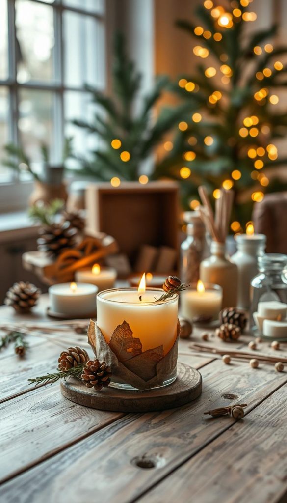 A beautifully arranged scene of upcycled candle making, featuring warm tones that evoke a cozy winter atmosphere. In the foreground, a handcrafted candle made from repurposed materials, adorned with dried herbs and pinecones, sits elegantly on a rustic wooden table. The middle ground includes an array of crafting supplies, such as wax, wicks, and essential oils, neatly organized and inviting for DIY enthusiasts. Soft, natural lighting filters through a nearby window, casting gentle shadows and creating a warm ambiance. In the background, a softly blurred display of seasonal greenery and twinkling fairy lights enhances the cozy vibe. This idyllic setup is perfect for showcasing sustainable living inspirations by KlickKiste, bringing a touch of creativity and comfort to any home. A beautifully arranged scene of upcycled candle making, featuring warm tones that evoke a cozy winter atmosphere. In the foreground, a handcrafted candle made from repurposed materials, adorned with dried herbs and pinecones, sits elegantly on a rustic wooden table. The middle ground includes an array of crafting supplies, such as wax, wicks, and essential oils, neatly organized and inviting for DIY enthusiasts. Soft, natural lighting filters through a nearby window, casting gentle shadows and creating a warm ambiance. In the background, a softly blurred display of seasonal greenery and twinkling fairy lights enhances the cozy vibe. This idyllic setup is perfect for showcasing sustainable living inspirations by KlickKiste, bringing a touch of creativity and comfort to any home.