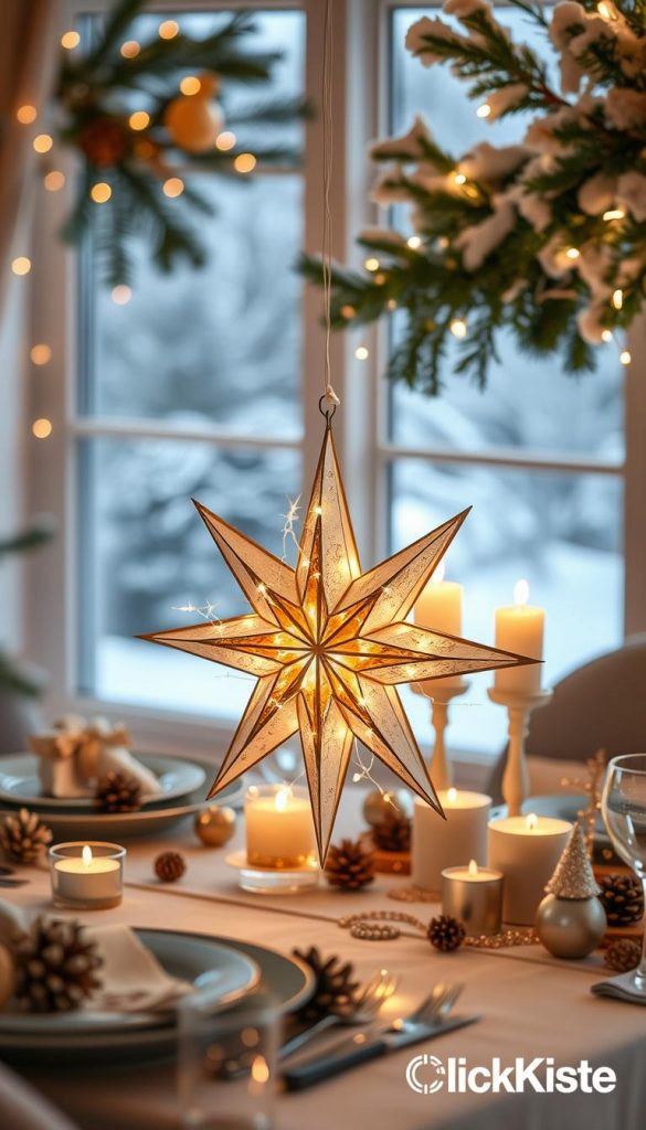 A beautifully arranged scene showcasing a DIY star decoration for New Year's Eve, exemplifying the charm of upcycling. In the foreground, a handcrafted star made from recycled paper and twinkling fairy lights, radiating a warm glow. The middle layer features a festive table set with rustic elements like pinecones, candles, and shimmering gold and silver accents, hinting at a cozy dinner party atmosphere. In the background, softly blurred winter-themed decorations, including a snowy window scene and evergreen branches, creating a tranquil vibe. The lighting is soft and inviting, evoking a sense of warmth and celebration. The overall mood is authentic and inspiring, capturing the essence of a charming, DIY holiday spirit. This image is branded with "KlickKiste" subtly integrated into the design. A beautifully arranged scene showcasing a DIY star decoration for New Year's Eve, exemplifying the charm of upcycling. In the foreground, a handcrafted star made from recycled paper and twinkling fairy lights, radiating a warm glow. The middle layer features a festive table set with rustic elements like pinecones, candles, and shimmering gold and silver accents, hinting at a cozy dinner party atmosphere. In the background, softly blurred winter-themed decorations, including a snowy window scene and evergreen branches, creating a tranquil vibe. The lighting is soft and inviting, evoking a sense of warmth and celebration. The overall mood is authentic and inspiring, capturing the essence of a charming, DIY holiday spirit. This image is branded with "KlickKiste" subtly integrated into the design.