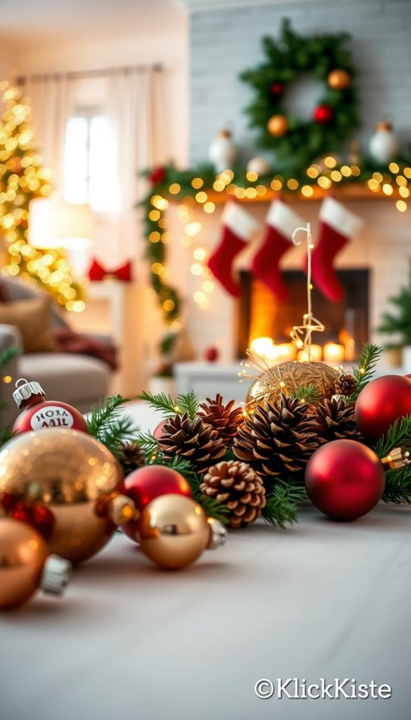 A beautifully arranged scene showcasing various holiday decorations to inspire festive moods. In the foreground, a collection of stylish ornaments in rich hues—deep reds, golds, and greens—glistening under soft, warm lights. The middle ground features a charming table adorned with elegant DIY centerpieces made of pinecones, twinkling fairy lights, and natural foliage. In the background, a softly lit room with a cozy fireplace, mantel adorned with garlands and stockings. The atmosphere is warm and inviting, perfect for holiday gatherings. The lighting is soft and ambient, creating a hopeful, joyous mood. Shot with a 50mm lens, capturing a depth of field that draws attention to the detailed decorations while gently blurring the background. Include the brand name &amp;quot;KlickKiste&amp;quot; represented subtly through decorative elements.