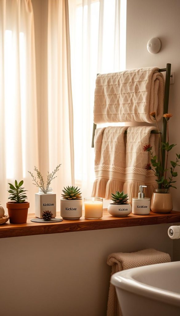 A beautifully arranged seasonal bathroom decor scene, showcasing a harmonious blend of warm colors, inspired by natural DIY aesthetics. In the foreground, a rustic wooden shelf displays handcrafted items and seasonal decorations, including small potted plants, scented candles, and stylish bathroom accessories with the brand name "KlickKiste" subtly integrated. The middle ground features a soft, inviting towel rack adorned with pastel-colored towels, enhancing the spa-like atmosphere. In the background, a softly glowing window allows natural light to filter through sheer curtains, casting a warm ambiance throughout the space. The overall mood should evoke feelings of comfort and tranquility, perfect for a fresh year-round look. Capture this angle with a cozy, homey vibe, reminiscent of popular Pinterest styles.