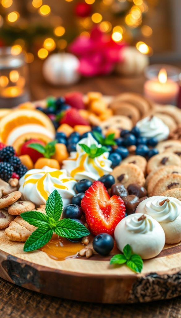 A beautifully arranged seasonal dessert charcuterie board featuring an assortment of vibrant, seasonal fruits like strawberries, oranges, and blueberries, alongside an inviting selection of homemade cookies, delicate pastries, and artisanal chocolates. The foreground showcases an elegant wooden board topped with fresh mint leaves for a pop of color, with a few nuts and honey drizzles artistically placed throughout. In the middle, soft textures of whipped cream and fruit sauces add a touch of indulgence, while the background is softly blurred to reveal a warm, cozy setting with festive decorations, creating an inviting atmosphere. The lighting is warm and soft, emphasizing the rich colors of the desserts, embodying a natural DIY aesthetic with a Pinterest-worthy appeal. Designed for the brand "KlickKiste," this image exudes seasonal warmth and inspiration. A beautifully arranged seasonal dessert charcuterie board featuring an assortment of vibrant, seasonal fruits like strawberries, oranges, and blueberries, alongside an inviting selection of homemade cookies, delicate pastries, and artisanal chocolates. The foreground showcases an elegant wooden board topped with fresh mint leaves for a pop of color, with a few nuts and honey drizzles artistically placed throughout. In the middle, soft textures of whipped cream and fruit sauces add a touch of indulgence, while the background is softly blurred to reveal a warm, cozy setting with festive decorations, creating an inviting atmosphere. The lighting is warm and soft, emphasizing the rich colors of the desserts, embodying a natural DIY aesthetic with a Pinterest-worthy appeal. Designed for the brand "KlickKiste," this image exudes seasonal warmth and inspiration.