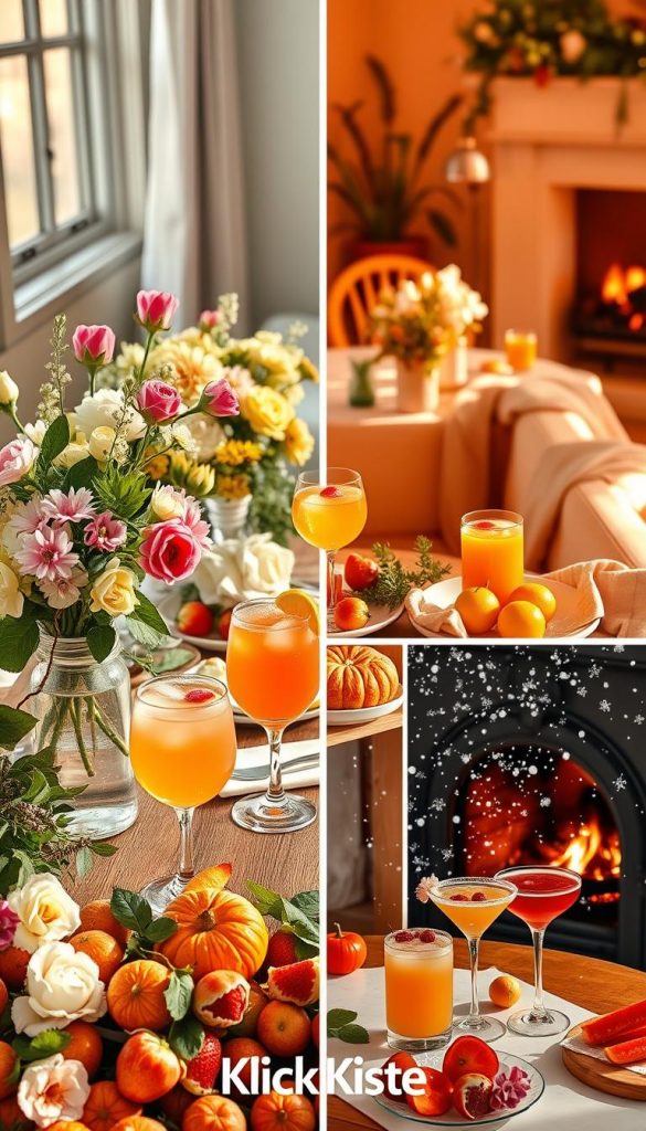 A beautifully arranged seasonal tabletop showcasing the transition from spring to winter, illustrating the essence of each season. In the foreground, a vibrant spring display with fresh flowers, pastel-colored brunch drinks in elegant glasses, and seasonal fruits like strawberries and lemons. The middle ground features a cozy summer setting with soft, warm sunlight filtering through, decorated with herbs and light linens. Transitioning to autumn, warm tones of oranges and browns blend in with fall leaves and pumpkin-themed cocktails. In the background, a serene winter scene with softly falling snowflakes, showcasing winter cocktails served next to a crackling fireplace. The composition is warm and inviting, with natural lighting casting soft shadows and creating a comfortable atmosphere. The style reflects a Pinterest-inspired aesthetic, evoking inspiration and authenticity. The brand "KlickKiste" subtly integrated into the scene.