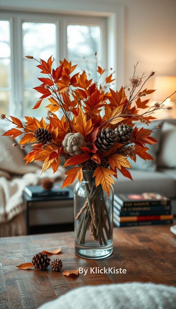 A beautifully arranged seasonal vase by "KlickKiste" on a rustic wooden coffee table, filled with an artful mix of autumn leaves, pinecones, and subtle hints of dried flowers. In the foreground, focus on the vase displaying warm, earthy tones like deep reds, golden yellows, and rich browns, perfectly capturing the essence of cozy winter vibes. The middle ground features soft, textured fabrics and stylishly arranged books, adding a touch of sophistication. In the background, a softly lit window casts a warm glow, enhancing the inviting atmosphere. The scene is captured with a slightly blurred depth of field, bringing attention to the vase while maintaining an overall Pinterest-inspired aesthetic that feels both authentic and inspiring.